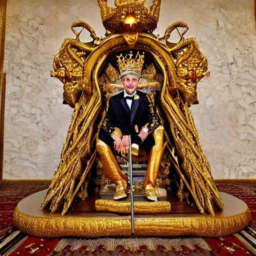 Prompt: Award Winning Photo of Mythological King Royally decorated sitting in a shining Filigree throne designed by Gaudi, Silks, Furs, wide-angle long shot