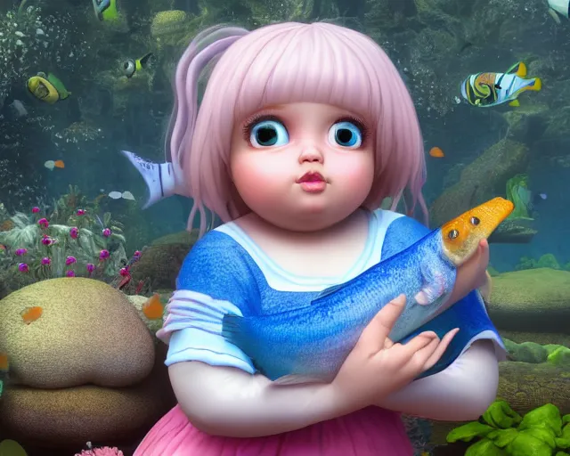 Image similar to of a very beautiful scene. ambient occlusion render. a sweet fat little girl is in love with a huge, colorful and beautiful fish. hyper realistic. 4 k. wide angle. in the baroque style. wild. symmetrical face, red mouth, blue eyes. deep focus, lovely scene. ambient occlusion render. garden. unreal engine.