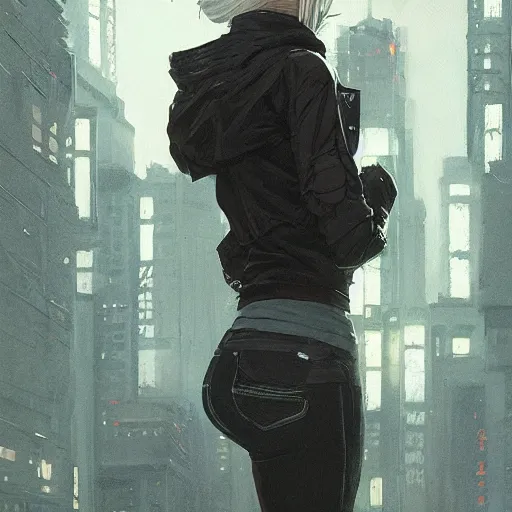 Image similar to very cool girl white hair girl with mask, streetwear, techwear, cyberpunk style outfit, full body, nose piercing, detailed portrait, intricate complexity, by greg rutkowski, cushart krentz, artgerm, ross tran, conrad roset, takato yomamoto, ilya kuvshinov. 4 k, beautiful, cinematic dramatic atmosphere, portrait lighting