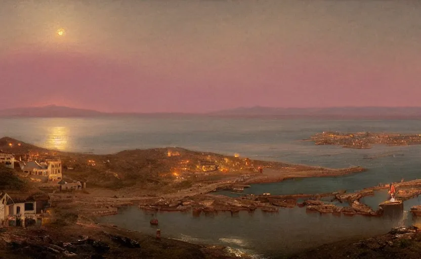 Prompt: early 1900s port town on a hill overlooking the ocean, at dusk, distant mountains, 4k, rule of thirds, extreme detail, hazy water, intricate ink illustration, trending on artstation, cgsociety, hd, calm, complimentary colours, realistic lighting, by Albert Bierstadt, Frederic Edwin Church.