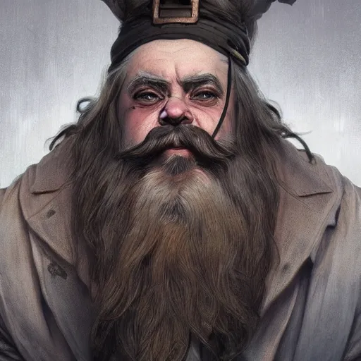 Prompt: 1800 vintage portrait of a grim steampunk dwarf with long brown beard, highly detailed, digital painting, art by Stanley Lau and Artgerm and magali villeneuve and Alphonse Mucha, artstation, octane render, cgsociety