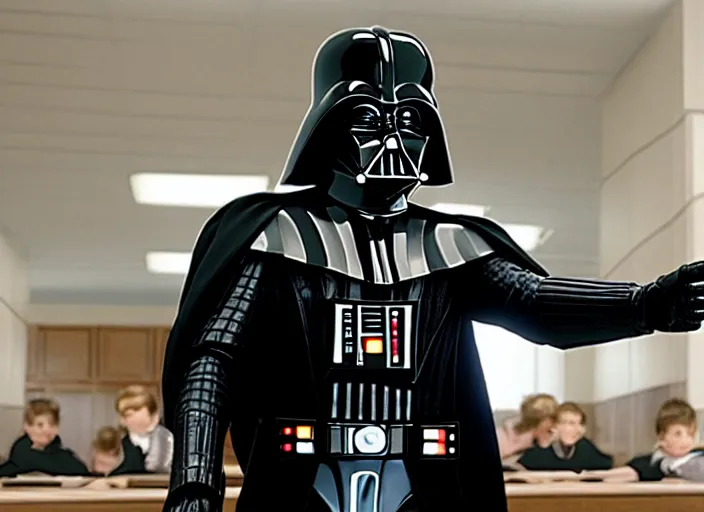 Image similar to film still of Darth Vader working as a high school teacher in the new Star Wars movie, 4k