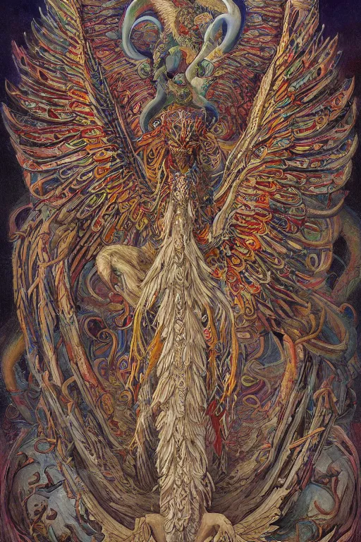 Image similar to a beautiful painting of full - body quetzalcoatl, wisdom, good and evil, white ink + magical + symmetrical + detailed intricate + heraldic design + atmosphere high details, in the style of jean delville, artstation, 8 k, 4 k, cinematic