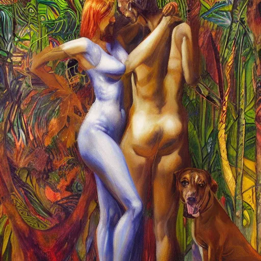 Image similar to the illuminated mystic Rhodesian ridgeback and a man and a woman in love, softly lit from behind, full moon night in the jungle Portrait by Paul Bonner, oil on canvas