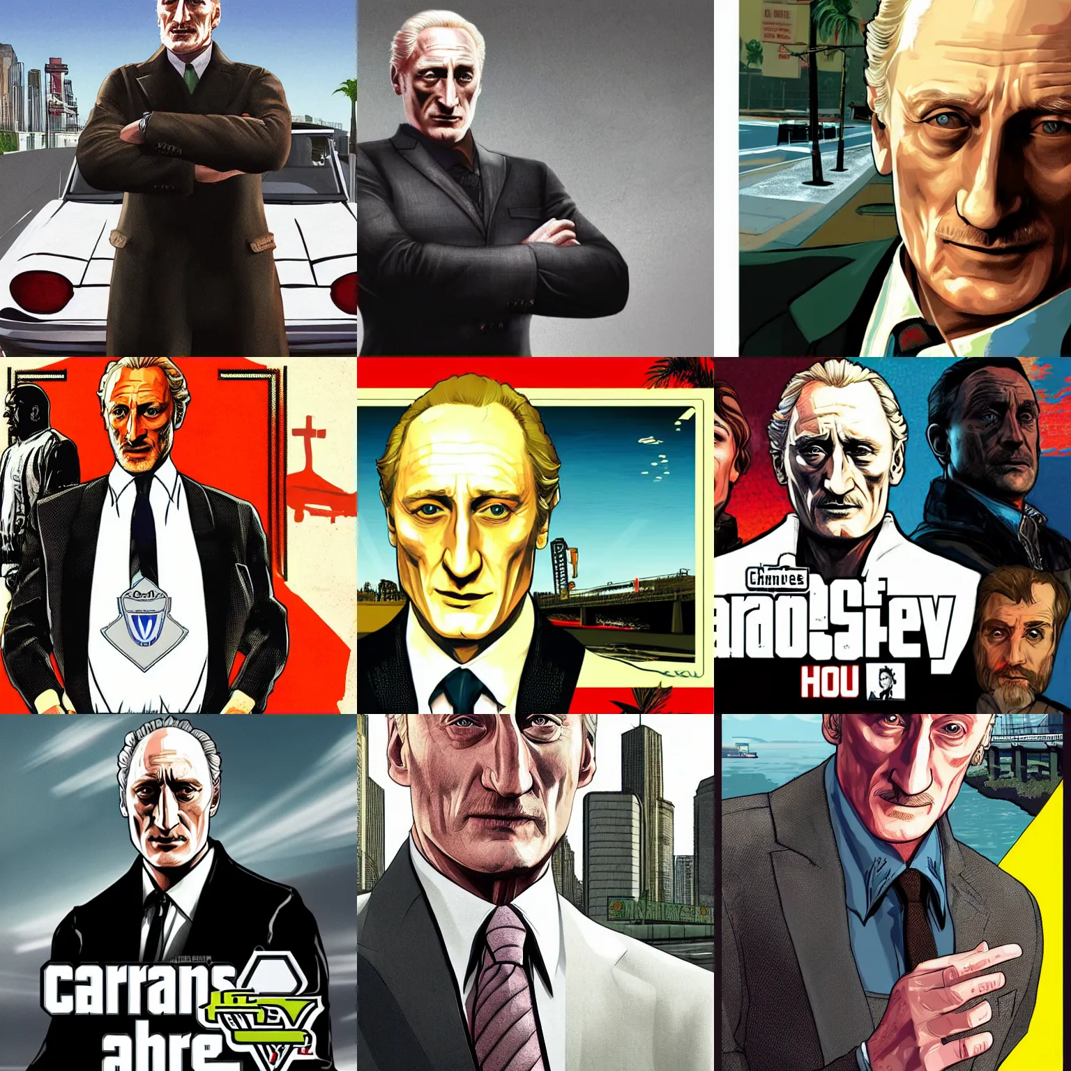 Prompt: charles dance in gta v promotional art by stephen bliss, no text