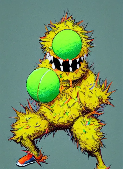 Prompt: tennis ball monsters playing tennis, a tennis ball monster ,tennis ball, epic, digital art, fantasy, magic, trending on artstation, ultra detailed, professional illustration,chalk, poster artwork by Basil Gogos , clean