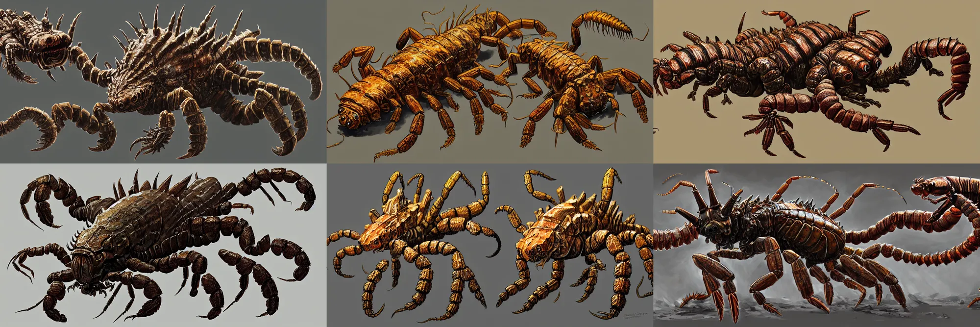 Prompt: amphibious isopod scorpion monster for Monster Hunter, concept art from different angles, incredibly detailed, D&D, finished concept art, digital art on Pixiv, trending on Artstation