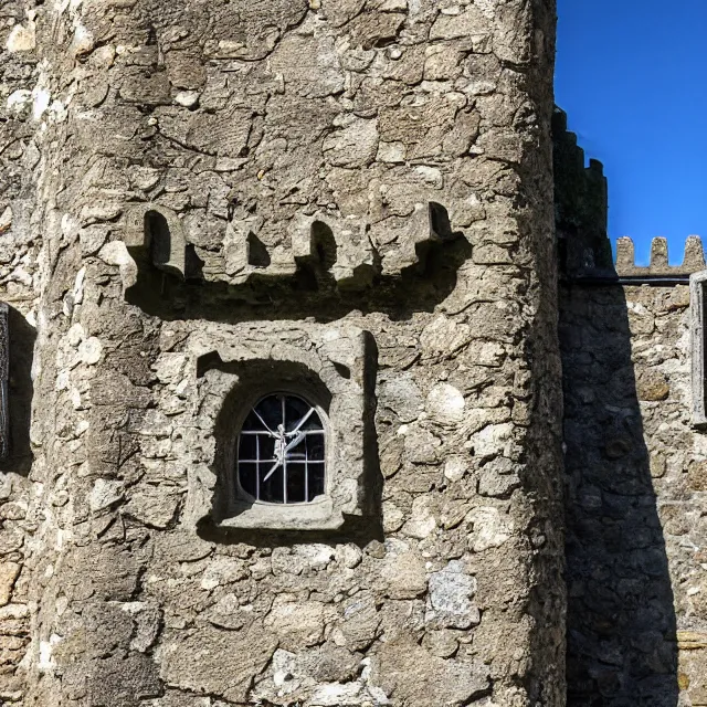 Prompt: hyper realistic photo, looking close up at a well maintained castle from the front gate courtyard on a sunny day