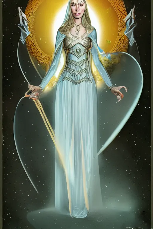 Image similar to tarot illustration of galadriel as the empress by artstation