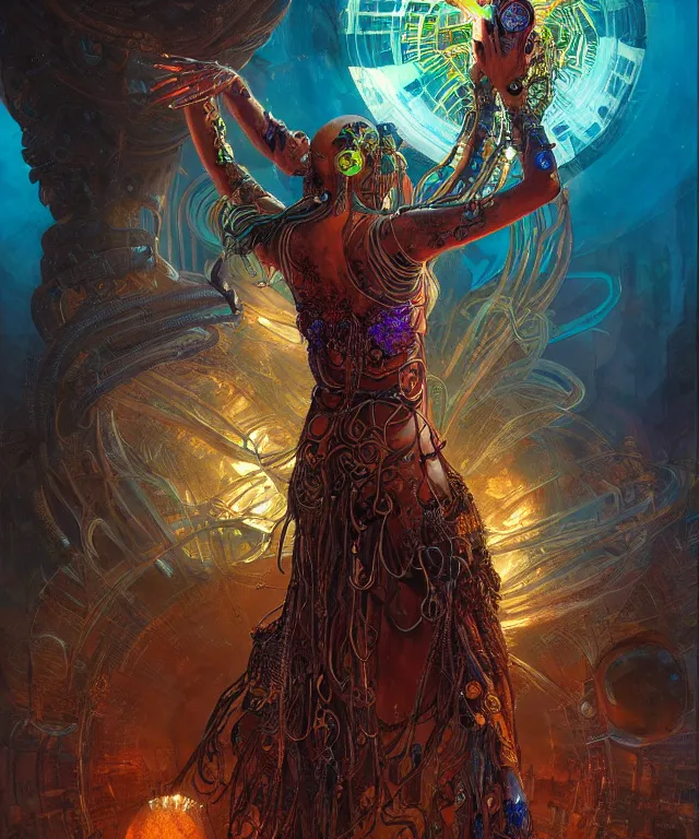 Image similar to a beautiful tarot card artwork of a cyberpunk nature shaman, backlit, highly detailed, digital painting, by karol bak and eddie mendoza and dan mumford and artgerm, vivid colors, masterpiece, detailed shading, 8 k resolution, intricate, smooth