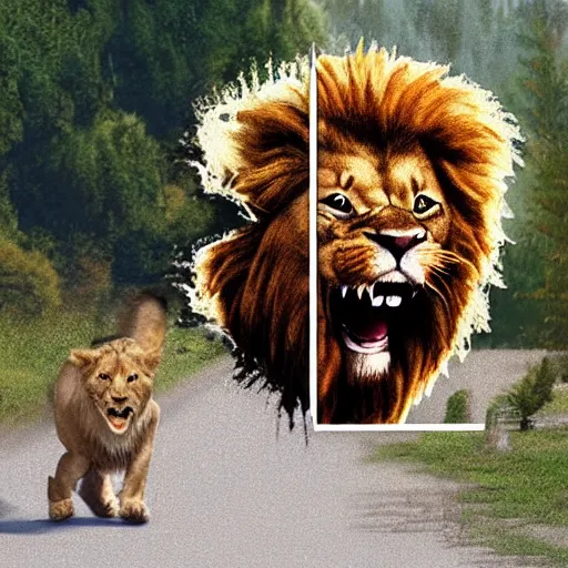 Image similar to screaming bob ross chasing a lion