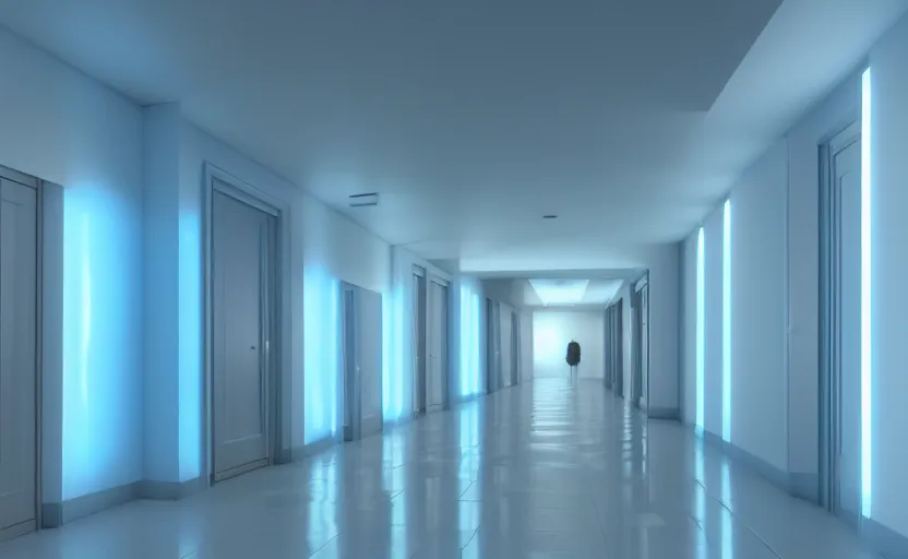 Prompt: an hallway in hospital with soft blue lights in the roof, octane render, artstation trending, highly detailded