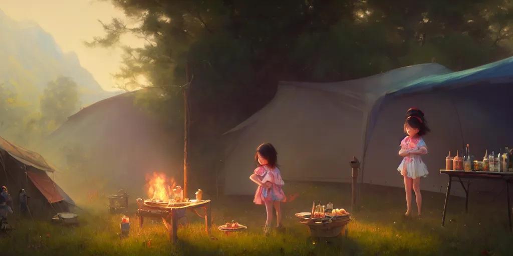 Image similar to big - eyed brunette sweet little girl looking sad in front of barbecue near tent at camp, extremely detailed digital painting, in the style of fenghua zhong and ruan jia and jeremy lipking and peter mohrbacher, mystical colors, rim light, beautiful lighting, 8 k, stunning scene, raytracing, octane, trending on artstation