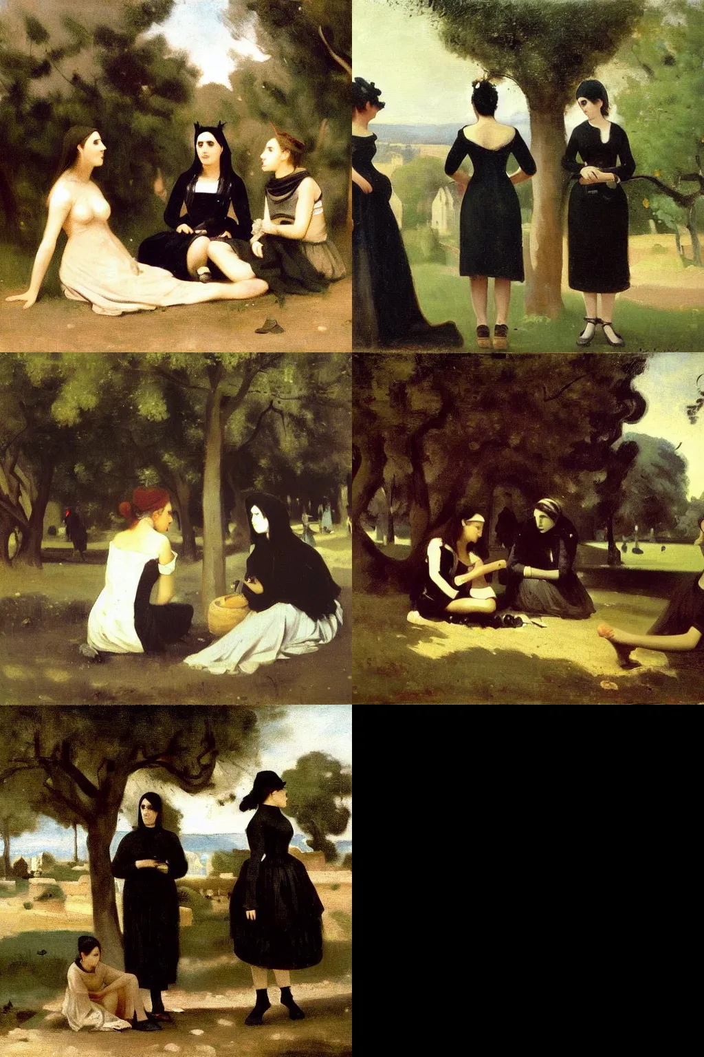 Prompt: an hd painting by camille corot. three goths loitering in the shade, talking beneath a cherry tree outside a blockbuster video store.