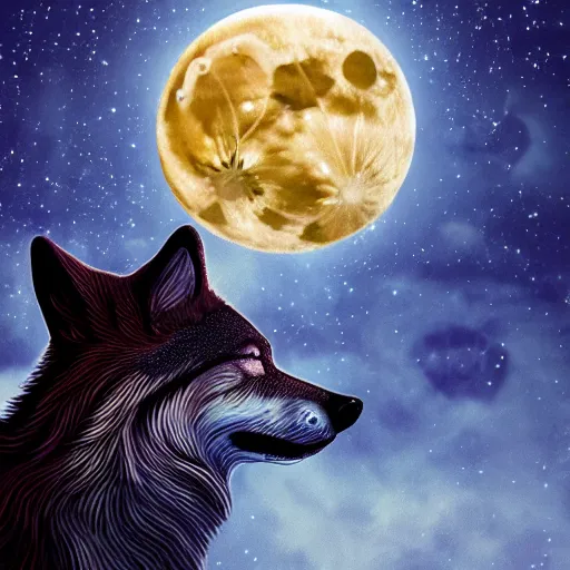 Prompt: close up portrait of a howling wolf in front of the full big moon, fantasy digital art, high definition, 8k, high details, high quality, golden and silver colors, glowing lights in the background