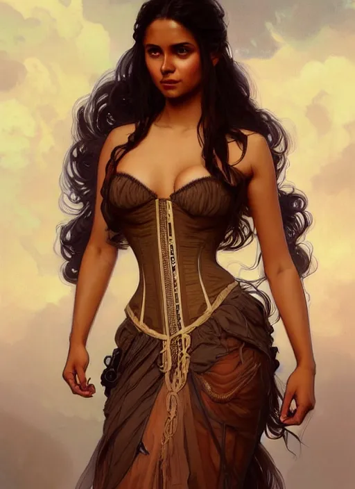 Image similar to cute brown woman wearing a translucent corset dress, fantasy, intricate, highly detailed, digital painting, artstation, concept art, wallpaper, smooth, sharp focus, illustration, art by artgerm and greg rutkowski and alphonse mucha