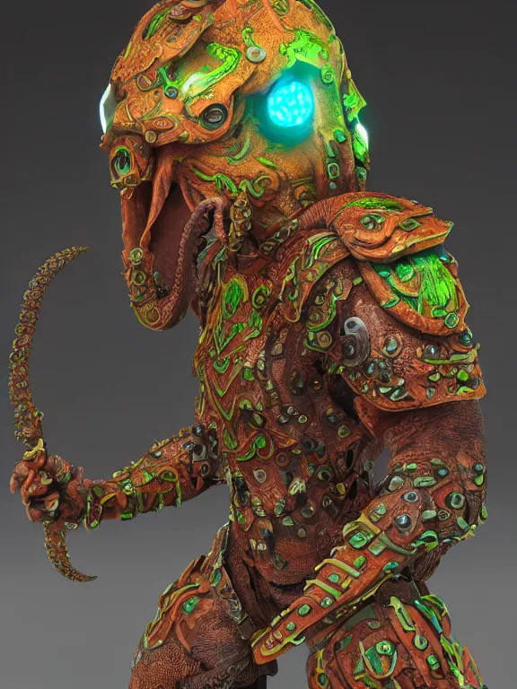 Prompt: full body frontview portrait of powerful warrior in octopus armour, designed in blender, 4 k hd, octane render, intricate and highly detailed, coloured with lots of colour, posing