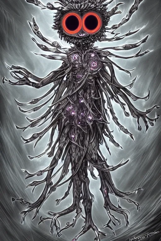 Prompt: a humanoid figure dandelion monster with large glowing eyes and 4 arms, highly detailed, digital art, sharp focus, trending on art station, artichoke, anime art style