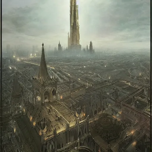 Prompt: an ultra detailed tarot card of a lonely and impossibly tall ominous gothic dark tower elevated high above the city, in a river elevated high above the city, fantasy capital city, ultrawide lense, aerial photography, volumetric lighting, exquisite detail, 8 k, art by greg rutkowski and alphonse mucha