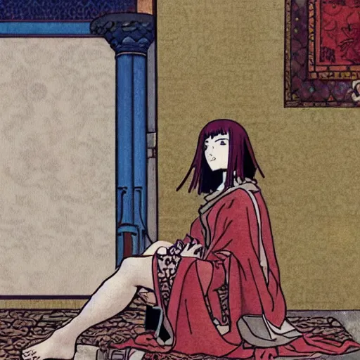 Image similar to Dido of Carthage in her palace, relaxed and candid, anime portrait by Satoshi Kon and Junji Ito