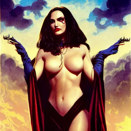 Image similar to Natalie Portman as a vampire sorceress, Joe Jusko, Frank Frazetta, artstation, 8k photography