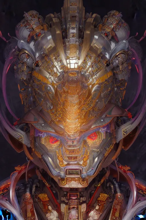 Prompt: asura from chinese myth, ghost, gorgeous and huge head ornaments, dystopian, cyberpunk, organic fractal mycelum and fungi, mecha, halfturn portrait of a big crystal face made of crystals half - turn, ominous, intricate, studio, art by anthony macbain + greg rutkowski + alphonse mucha, concept art, 4 k, sharp focus