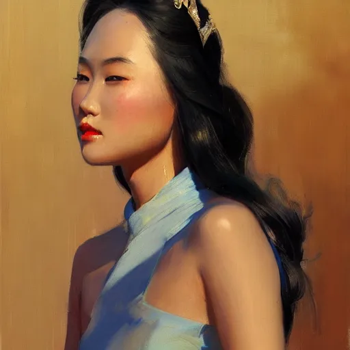 Image similar to greg manchess portrait painting of vietnamese princess, medium shot, asymmetrical, profile picture, organic painting, sunny day, matte painting, bold shapes, hard edges, street art, trending on artstation, by huang guangjian and ail elvgren and sachin teng