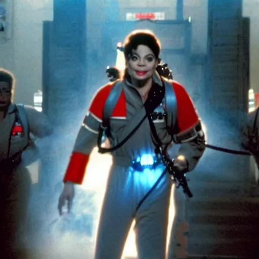 Image similar to stunning awe inspiring michael jackson as a ghostbuster in the movie ghostbusters, movie still 8 k hdr atmospheric lighting