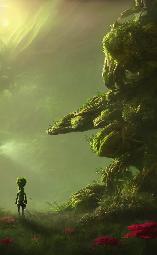 Image similar to a plant creature, plant filaments and flowers, walking on an alien planet with aliens plants, looking at an alien breathtaking landscape, cinematic lighting, concept art, artstation