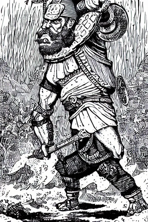 Image similar to ancient historically accurate depiction of the Bible Character Goliath of Gath, the Philistine warrior giant by mcbess