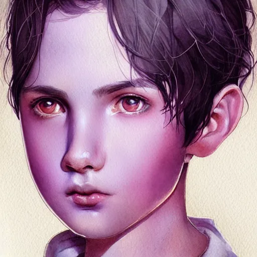 Prompt: young boy, black hair, purple eyes, gorgeous, amazing, delicate, elegant, intricate, highly detailed, watercolor, portrait, artstation, concept art, sharp focus, illustration, art by charlie bowater and Ross tran