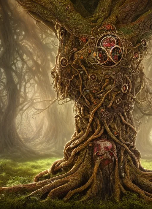 Image similar to highly detailed closeup portrait of a yggdrasil tree, unreal engine, nicoletta ceccoli, mark ryden, lostfish, earl norem, global illumination, god rays, detailed and intricate environment