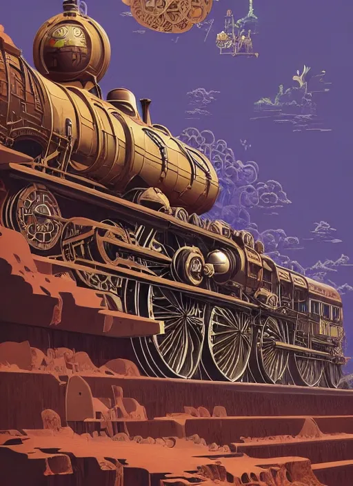 Image similar to a steampunk train by paolo eleuteri serpieri and tomer hanuka and chesley bonestell and daniel merriam and tomokazu matsuyama, unreal engine, high resolution render, featured on artstation, octane, 8 k, highly intricate details, vivid colors, vector illustration