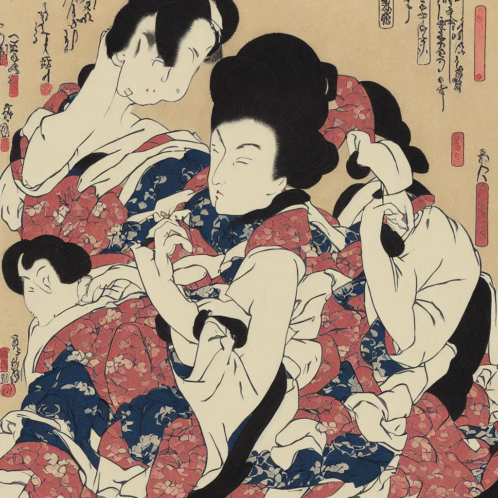 Image similar to i, a beautiful woman wearing headphone and playing iphone, by hokusai