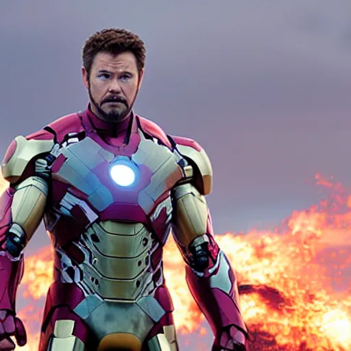 Prompt: promotional image of Chris Hemsworth as Iron Man in Iron Man（2008）, he wears Iron Man armor without his face, movie still frame, promotional image, imax 70 mm footage