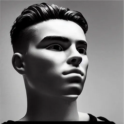 Image similar to “a realistic detailed photo of a guy who is an attractive humanoid who is half robot and half humanoid, who is a male android, Brooklyn Beckham, shiny skin, posing like a statue, blank stare”