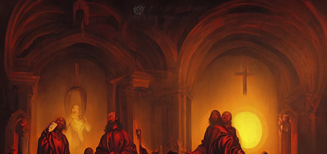 Image similar to baroque oil painting of satan in church, brutalist, dark fantasy, sunset, rule of thirds, digital cel shading, fake hidden detail, trending on pixiv fanbox