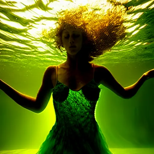 Image similar to woman dancing underwater wearing a dress made of seaweed that is flowing in the current, lighting with caustics from sunlight, cinematic, photorealistic