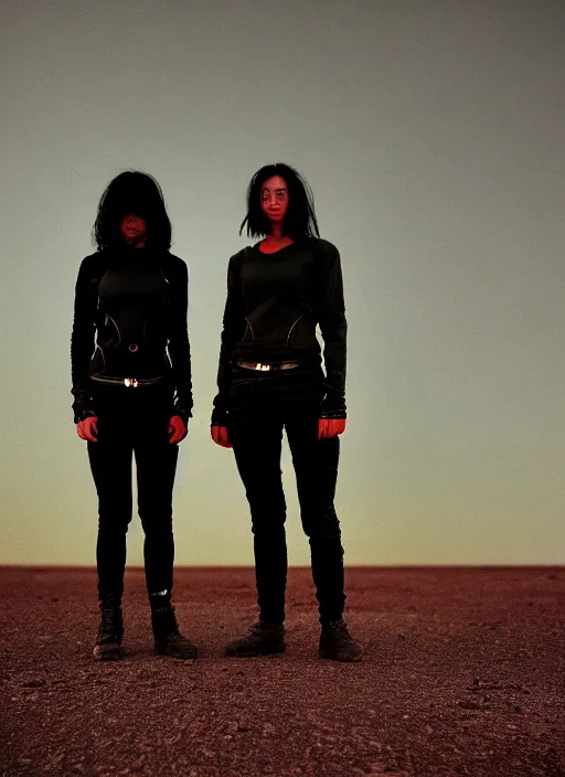 Image similar to cinestill 5 0 d photographic portrait of two loving female androids wearing rugged black techwear on a desolate plain with a red sky, extreme closeup, lizard on ground, cyberpunk style, in front of a brutalist dark metal facility, dust storm, 3 5 mm, 8 k, hd, high resolution, f / 3 2, ultra realistic faces