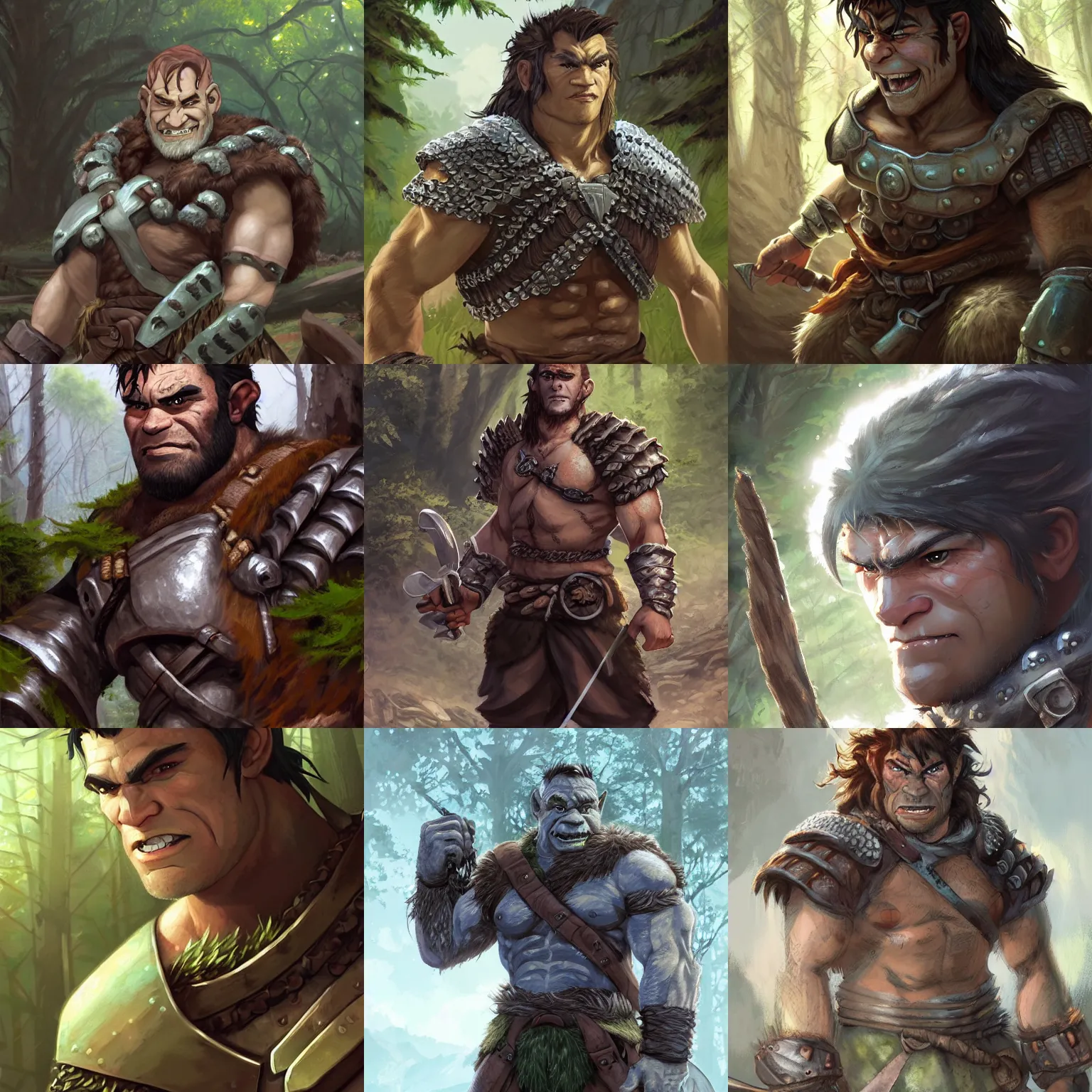 Prompt: portrait of a ruggedly handsome half - orc fighter with short brown hair wearing chainmail armor in a forest, half body, single subject, ambient lighting, highly detailed, digital painting, trending on pixiv fanbox, studio ghibli, extremely high quality artwork, art by ross tran and artgerm and makoto shinkai