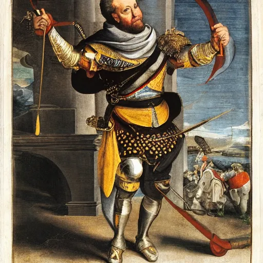 Image similar to donald trump, wearing knight ’ s armor, holding a spectacular broadsword, by annibale carracci, two arms, two legs, donald trump, symmetrical face, highly detailed face, perfect face