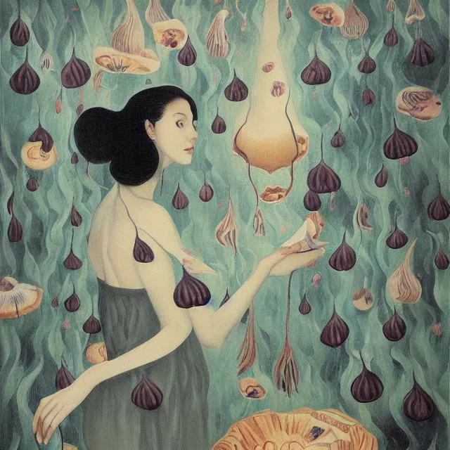 Image similar to tall female catgirl artist holding sheet music in her flooded apartment, pomegranates, octopus, water gushing from ceiling, painting of flood waters inside an artist's apartment, a river flooding indoors, mushrooms, ikebana, zen, rapids, waterfall, black swans, canoe, berries, acrylic on canvas, surrealist, by magritte and monet