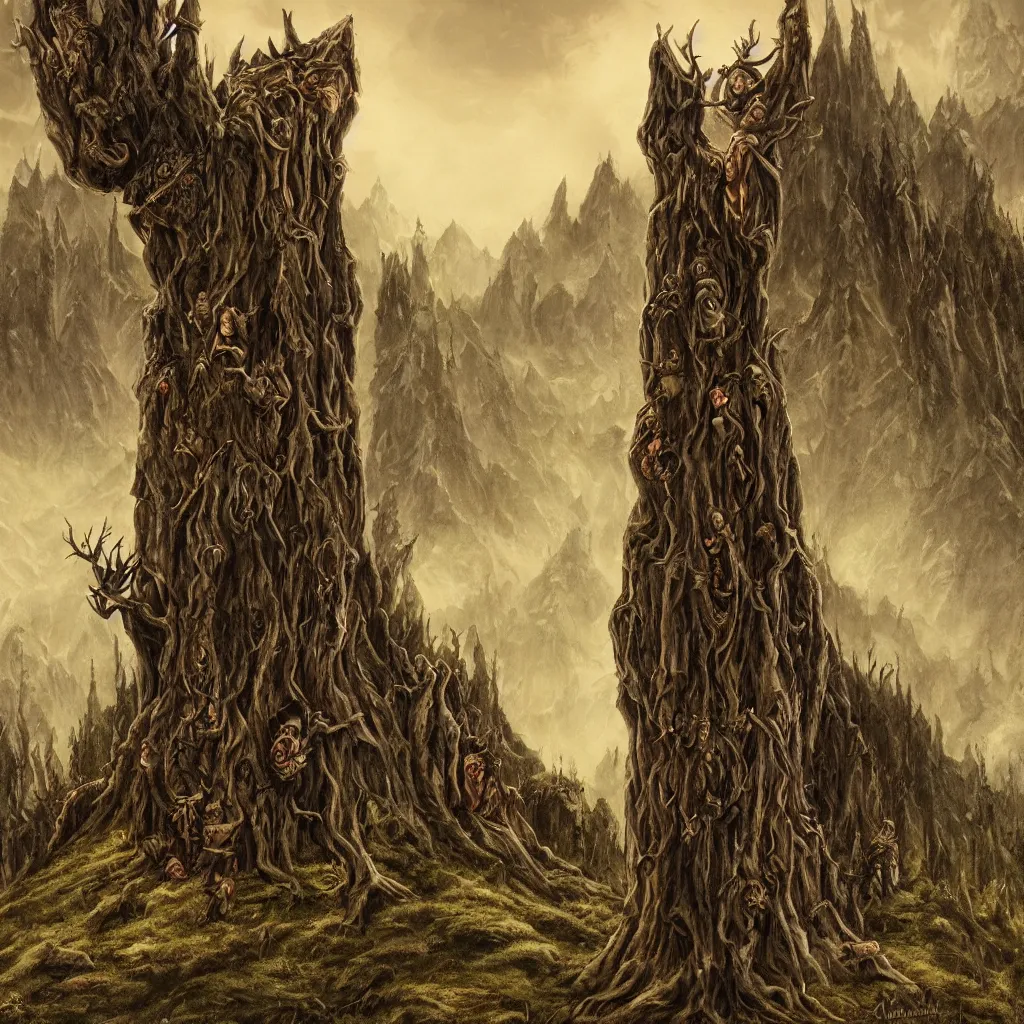 Image similar to evil druid ritual, wooden totem of vampire, on a hill, a detailed matte painting, fantasy