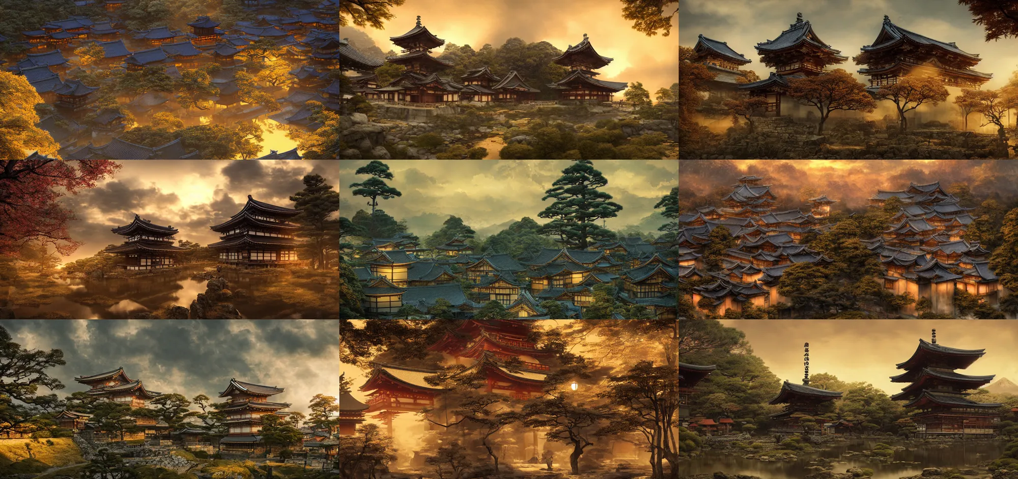 Prompt: gloomy japanese medieval village temple landscape, golden hour, dramatic lighting, cinematic, establishing shot, extremly high detail, photo realistic, cinematic lighting, post processed, concept art, artstation, matte painting, style by Kentaro Miura