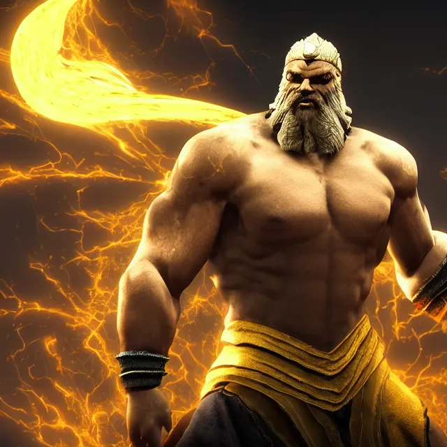 Prompt: zeus in mortal kombat, videogame 3d render, 4k, artstation