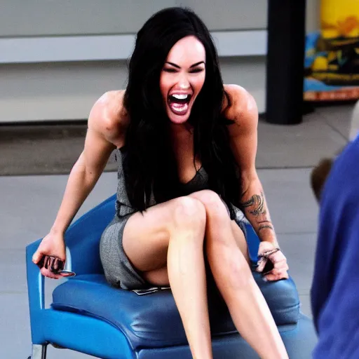 Prompt: full body of Megan Fox laughing as her feet are tickled