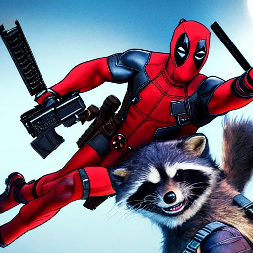 Image similar to deadpool and rocket raccoon together 4 k detailed super realistic