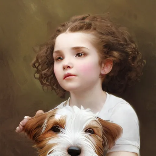 Prompt: a little girl with short wavy curly light brown hair petting the head of a very cute wire haired jack russell terrier puppy, white with brown patches over both eyes. detailed, high quality painting by artgerm and greg rutkowski and alphonse mucha