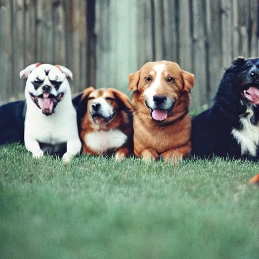 Prompt: 3 5 mm photo of many happy dogs together