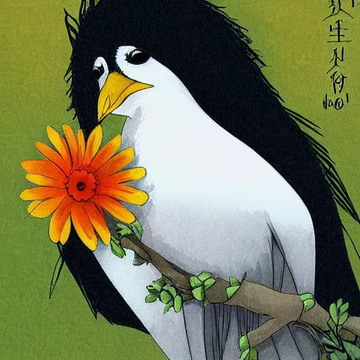 Image similar to white bird holding a flower cinematic composition, studio ghibli, digital art, cute